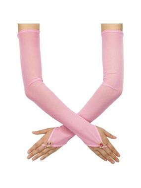 Women's Baby Pink Long Fabric Finger Loop Gloves Bridal Wedding Party Costume